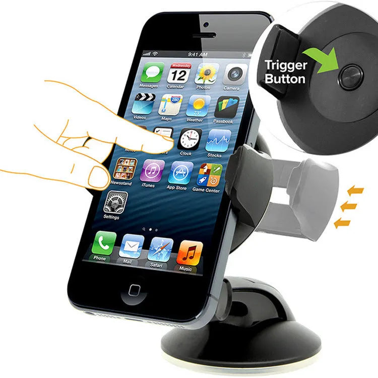 Suction cup car phone holder in black or blue for phones 5cm to 8cm wide, mounted on glass or dashboard.