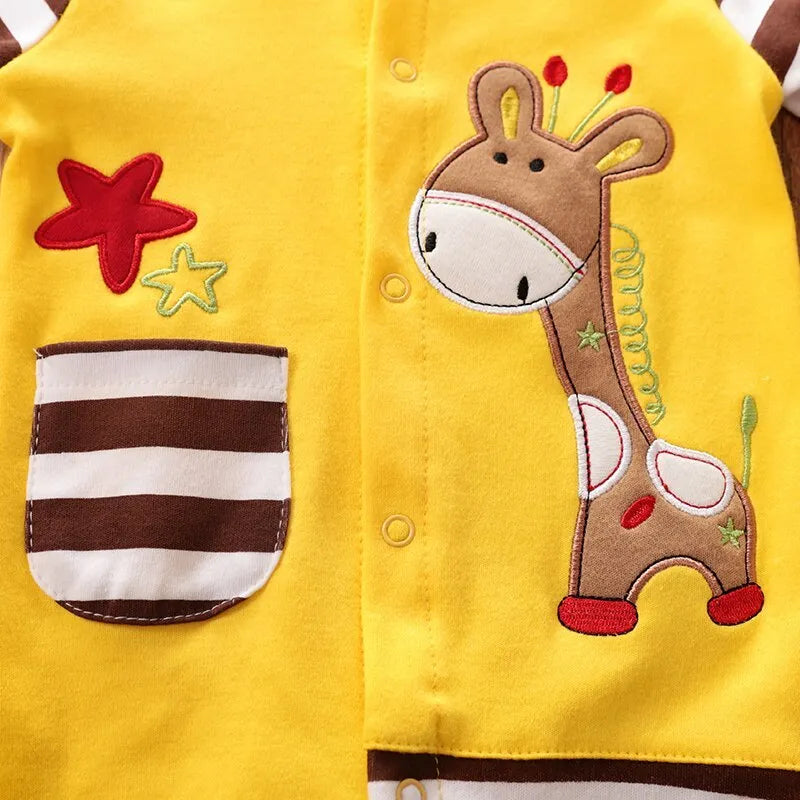 Cotton baby one-piece clothes in Giraffe colour, sizes 59cm to 90cm with bust, sleeve, hip and shoulder measurements