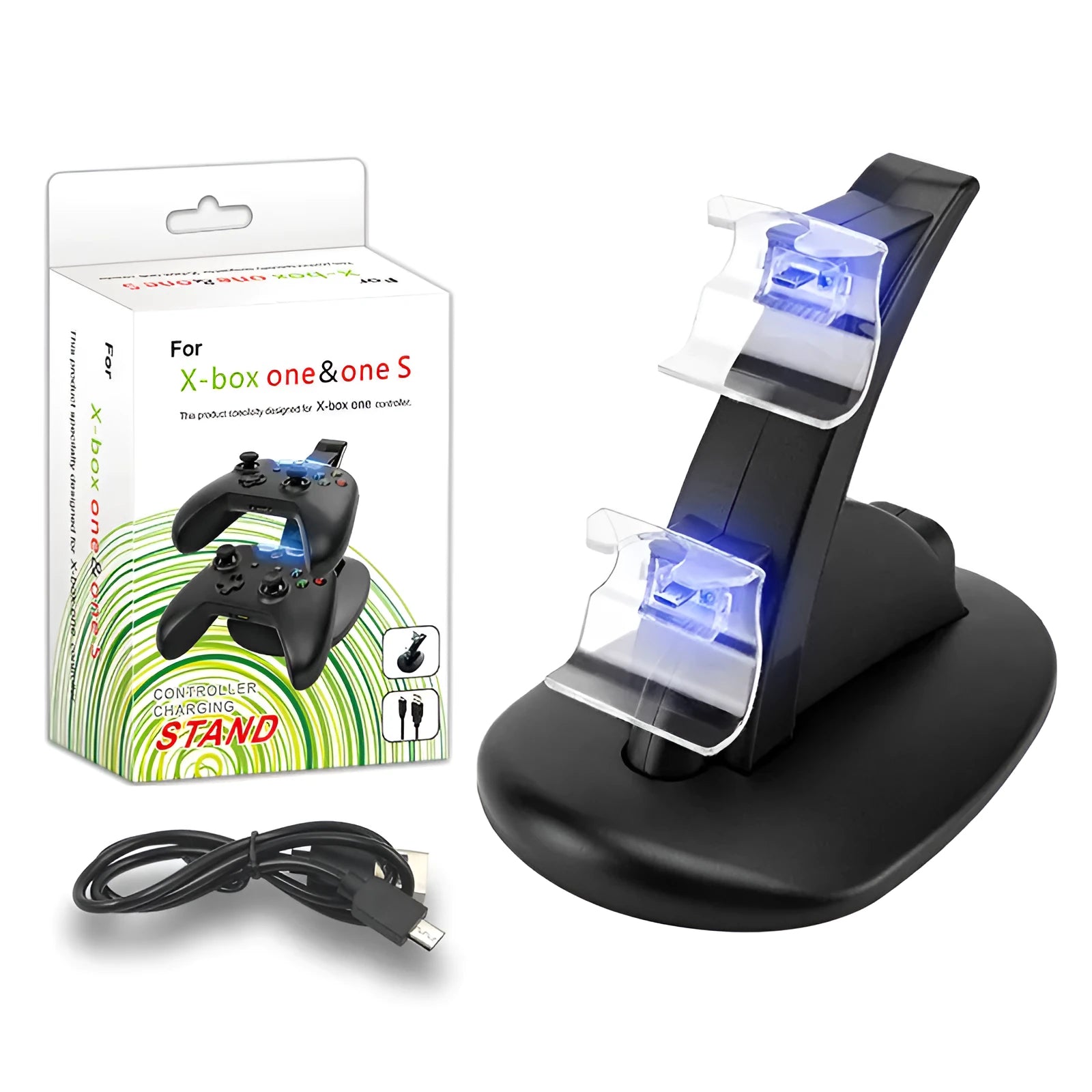 Black dual charging stand holding two Xbox One gamepad controllers.