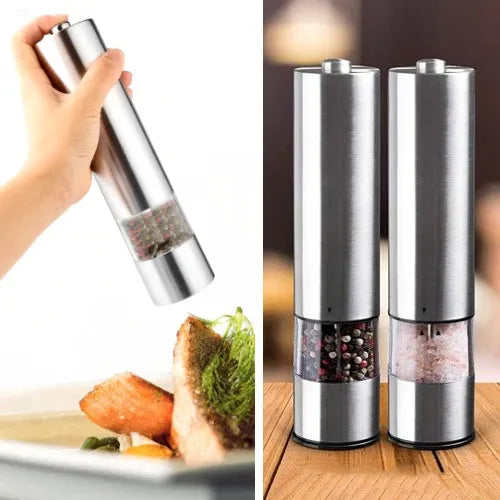 Stainless steel electric pepper grinder with natural colour finish
