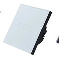 Touch switch with tempered glass panel for lighting control, 86mm square dimensions