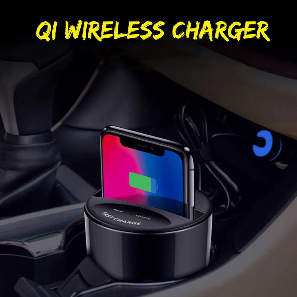 Black X9 car wireless charging cup and mount on a car dashboard with charging indicator light on.