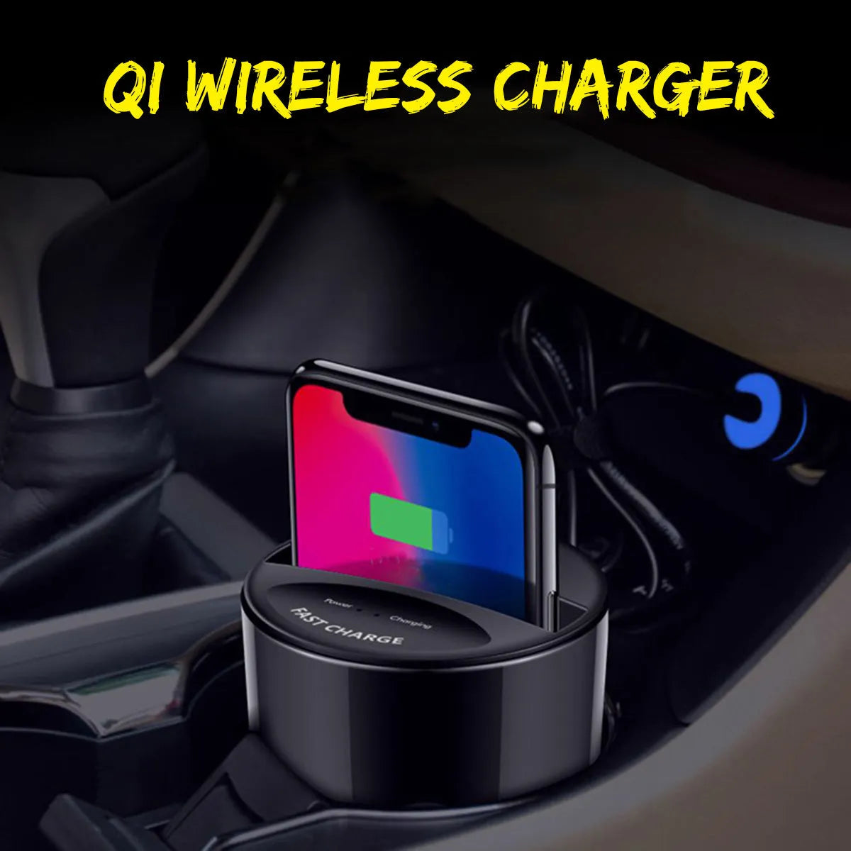 Black X9 car wireless charging cup and mount on a car dashboard with charging indicator light on.