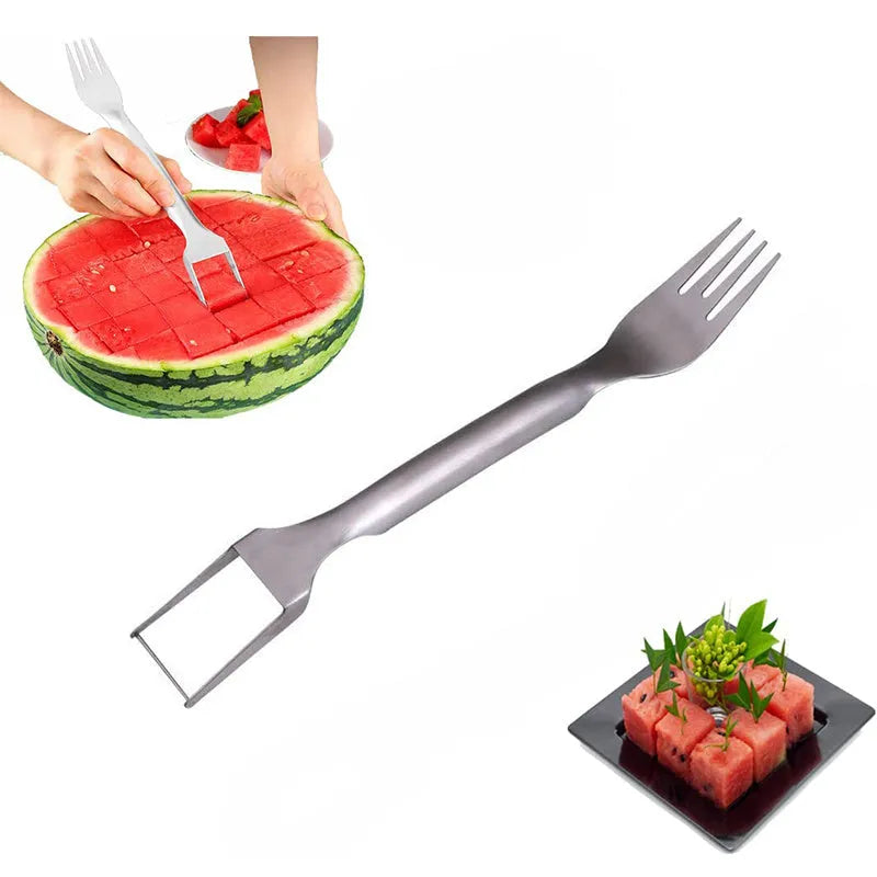 Stainless steel watermelon slicer cutter fork with 26cm handle for creating even watermelon cubes