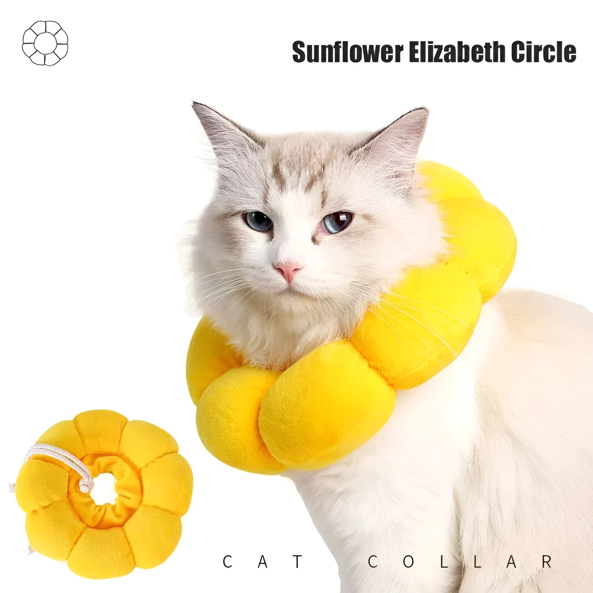 Soft cotton pet recovery collar with sunflower print, shown on a cat, featuring an adjustable band.