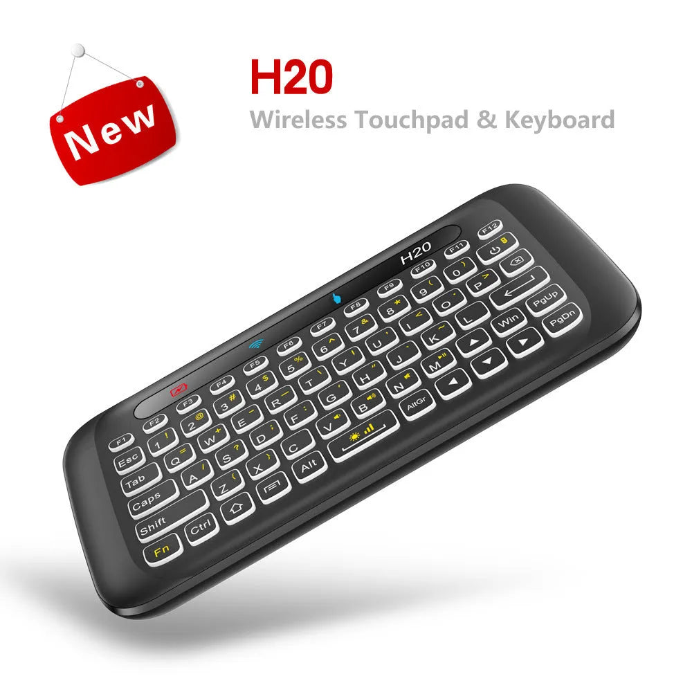 H20 black mini wireless keyboard with touchpad, air mouse, 69 backlit keys, and USB receiver