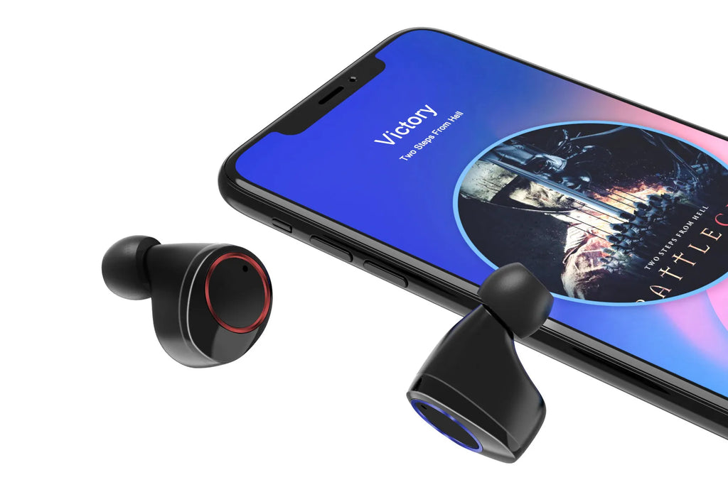 Black X11 Bluetooth wireless earbuds with charging case showing touch controls and included ear sleeves