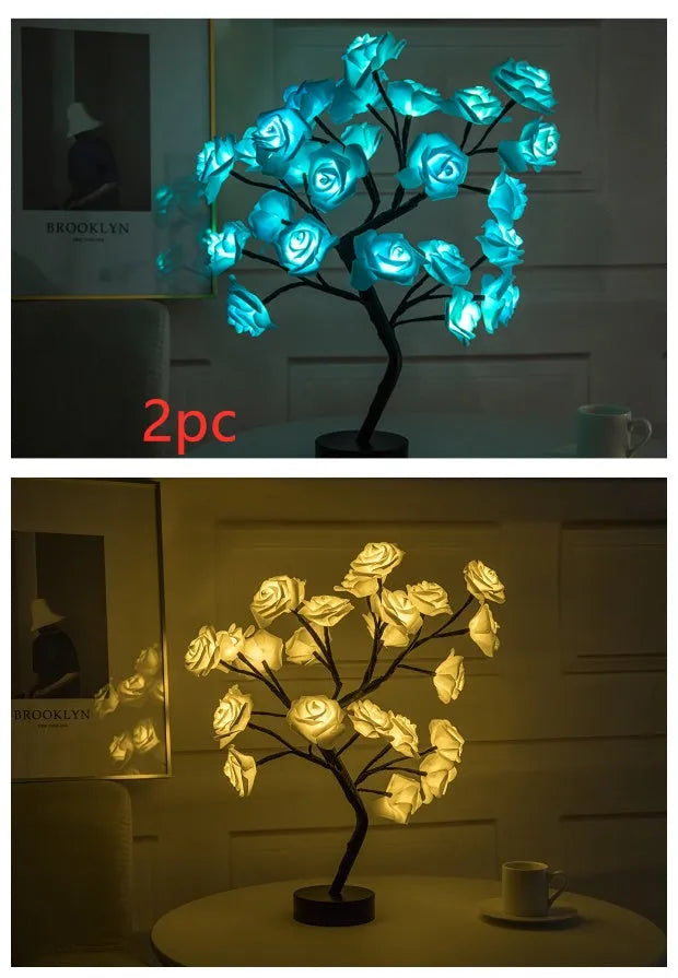 White and red rose flower shaped LED table lamp with bonsai tree garland lights, powered by battery or USB.