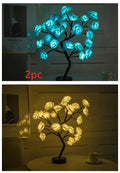 White and red rose flower shaped LED table lamp with bonsai tree garland lights, powered by battery or USB.