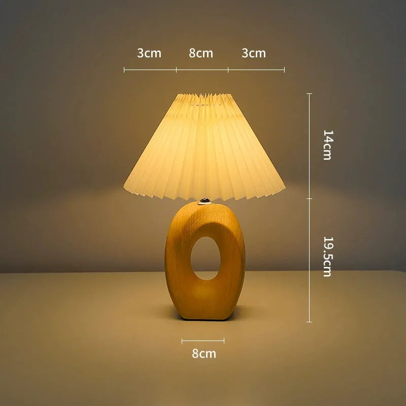 Nordic pleated vintage ceramic small night lamp with beige wood grain base and USB power