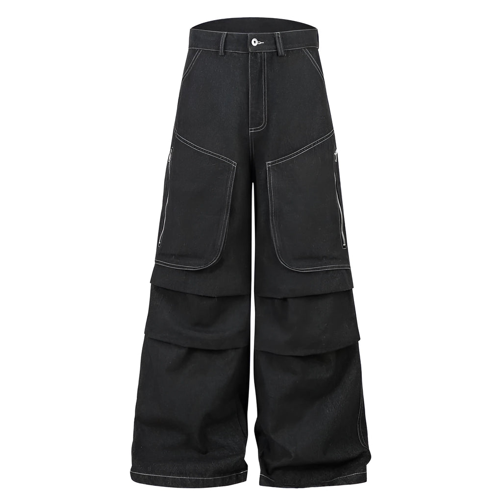 Black pleated multi-pocket workwear jeans with a mid waist and zip fly.