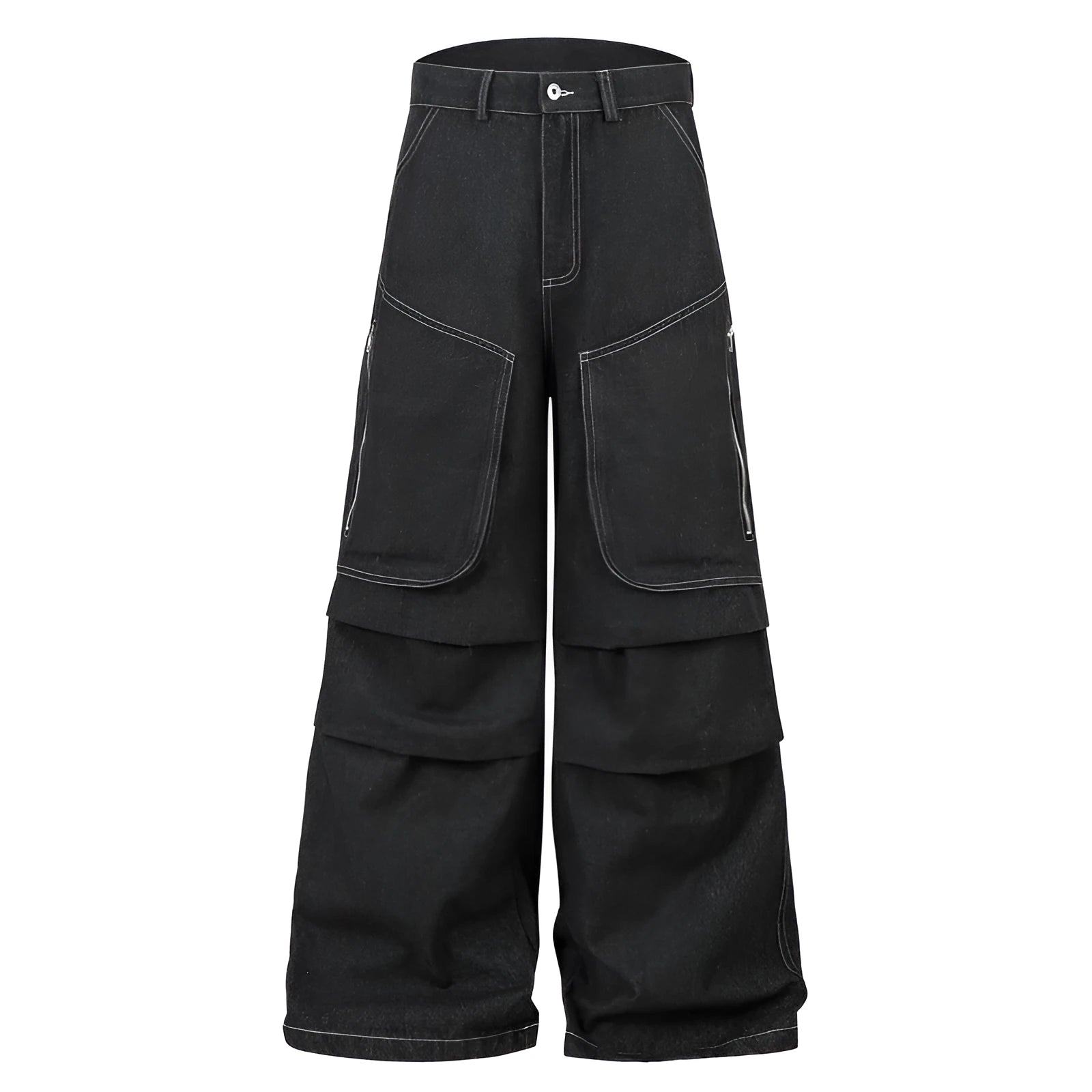 Black pleated multi-pocket workwear jeans with a mid waist and zip fly.