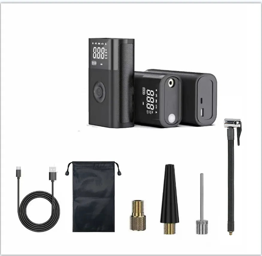 Wireless handheld digital display air pump with LCD screen showing tyre pressure, three nozzles, and charging cable