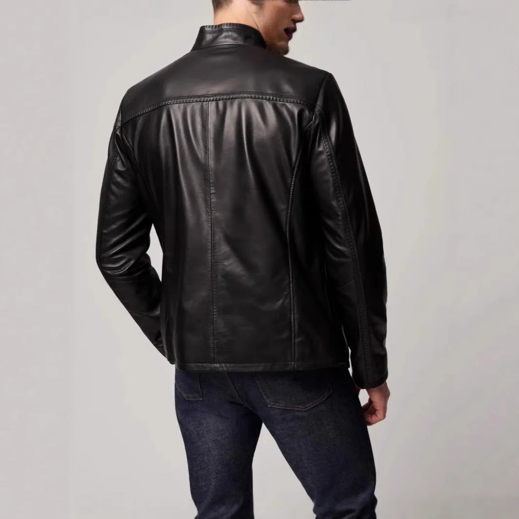 Men's black retro-style leather-look jacket with long sleeves and a straight hem
