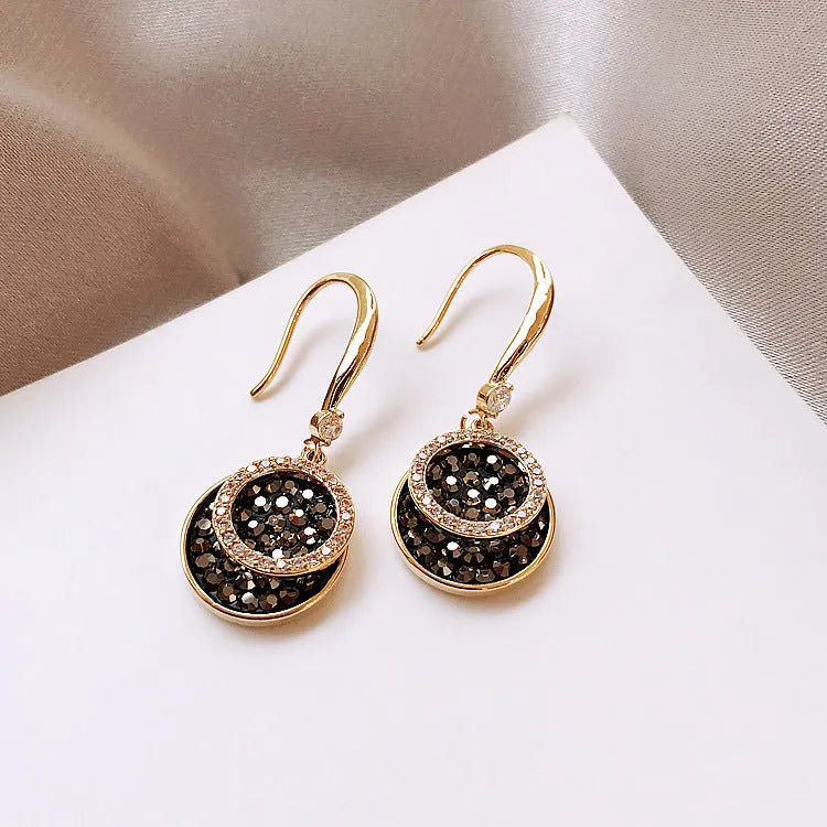 Black geometric alloy earrings with 3.6cm length and round piece design in retro Hong Kong style