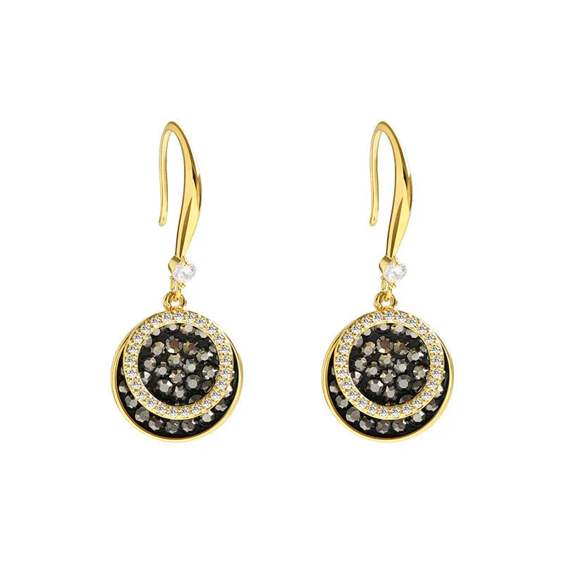 Black geometric alloy earrings with 3.6cm length and round piece design in retro Hong Kong style
