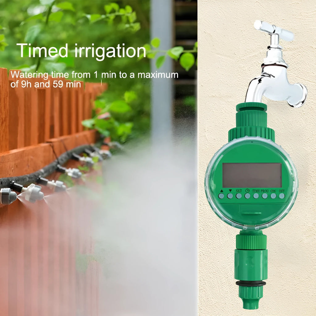 Green automatic watering timer device for drip irrigation systems with household water flow compatibility