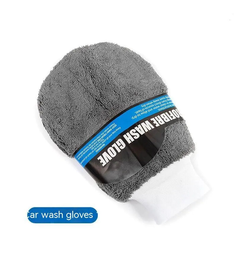 Nine-piece grey microfiber car wash set with gloves, sponge, brush, towels, and waxing wipes