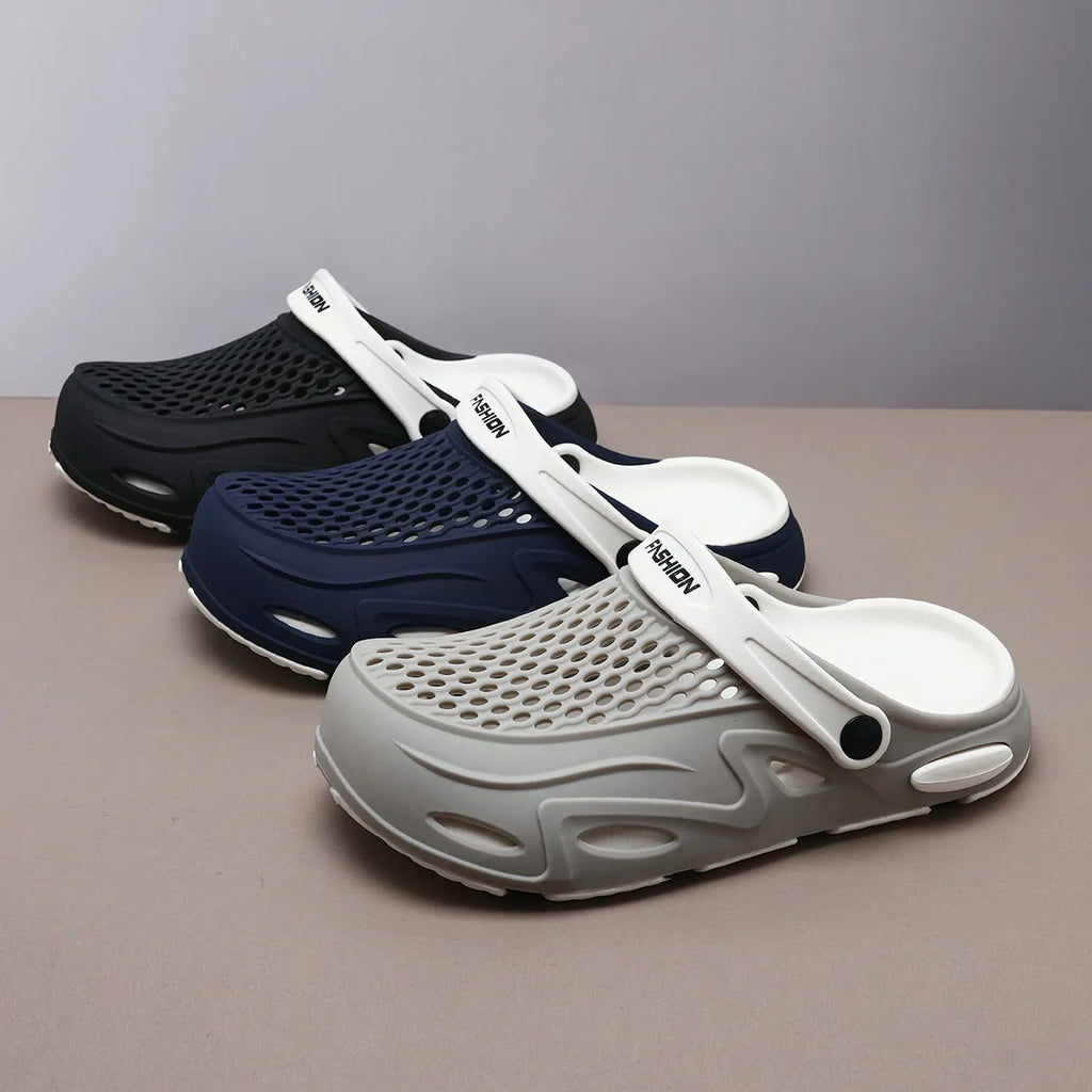 Men's grey closed toe EVA beach slippers with non-slip sole and round toe design