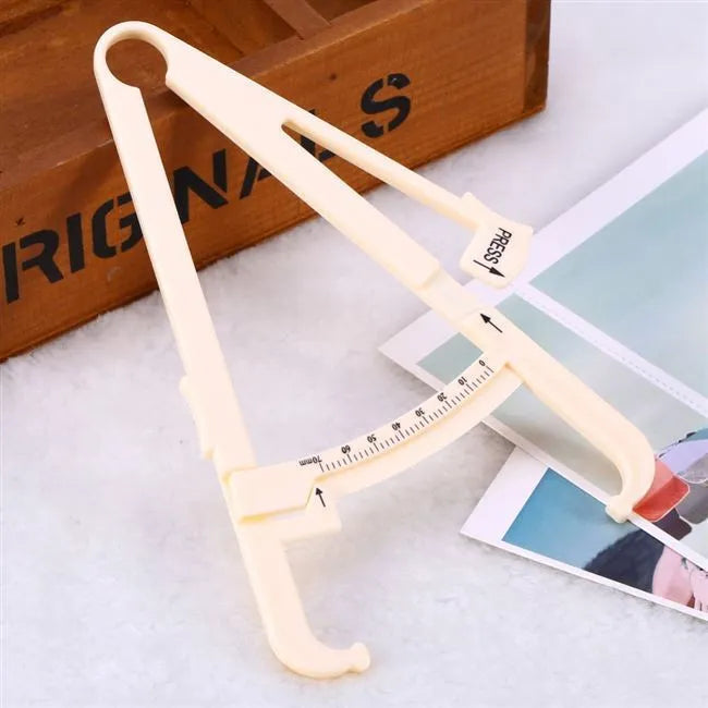White acrylic fat caliper skin fold thickness meter showing 200mm range and 0.001mm accuracy for body fat measurement