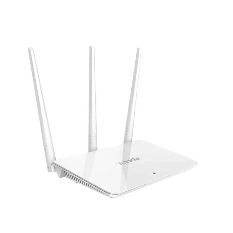 White dual-band wireless router with 2.4GHz and 5GHz frequencies, approximately 20cm wide, for UK home broadband networks
