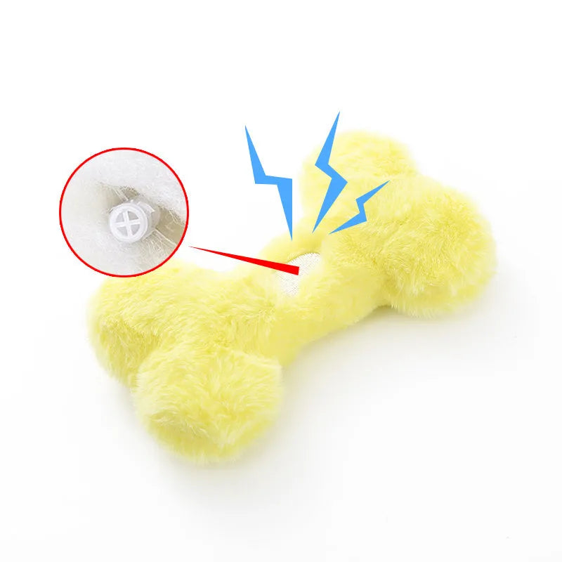 Blue plush bone dog toy with sound feature for interactive play and teeth grinding