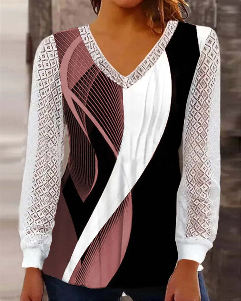 Purple V-neck loose pullover top with hollow-out lace print detailing and long sleeves