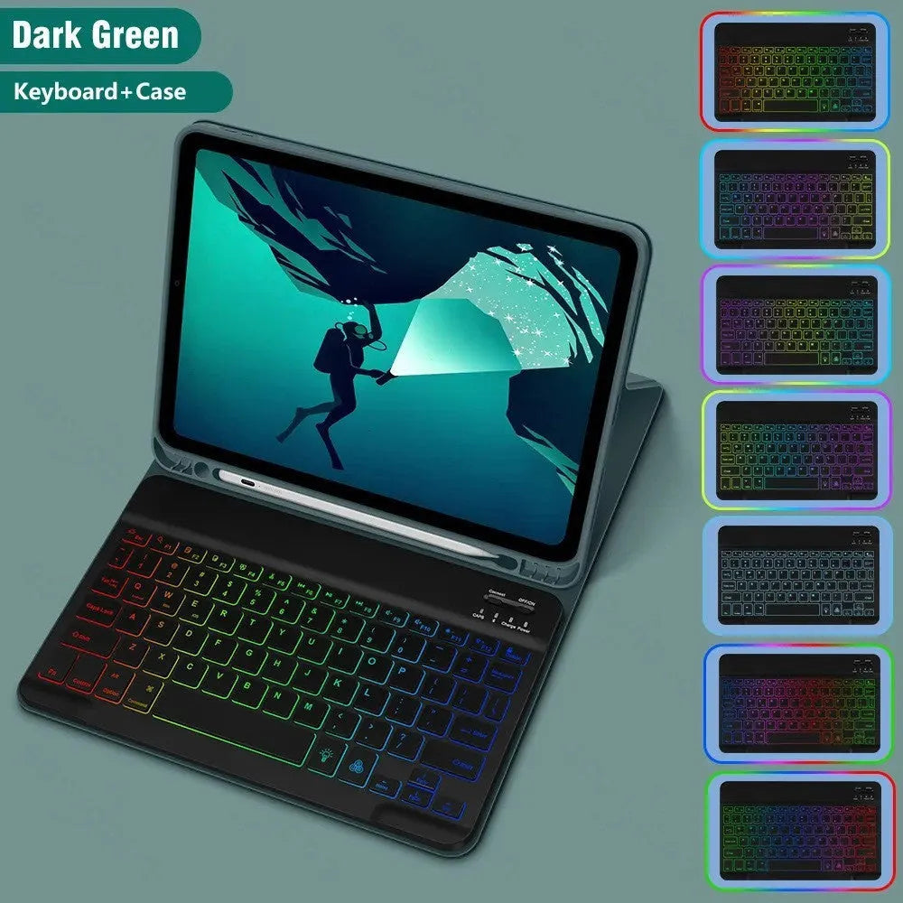 iPad protective case with integrated luminous Bluetooth keyboard and shockproof TPU construction