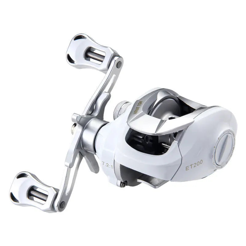 Small white micro bait casting fishing reel with drip wheel mechanism for freshwater angling