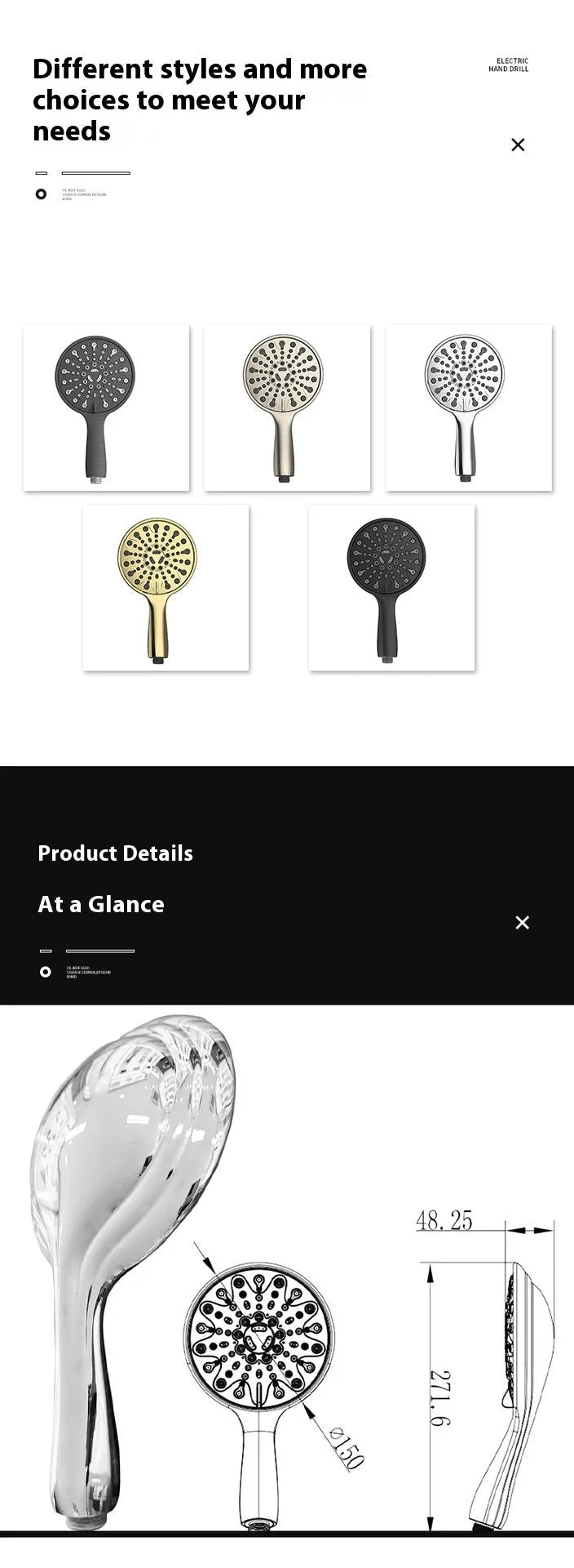 6-inch handheld shower head with six spray functions, electroplated finish, and portable ABS design