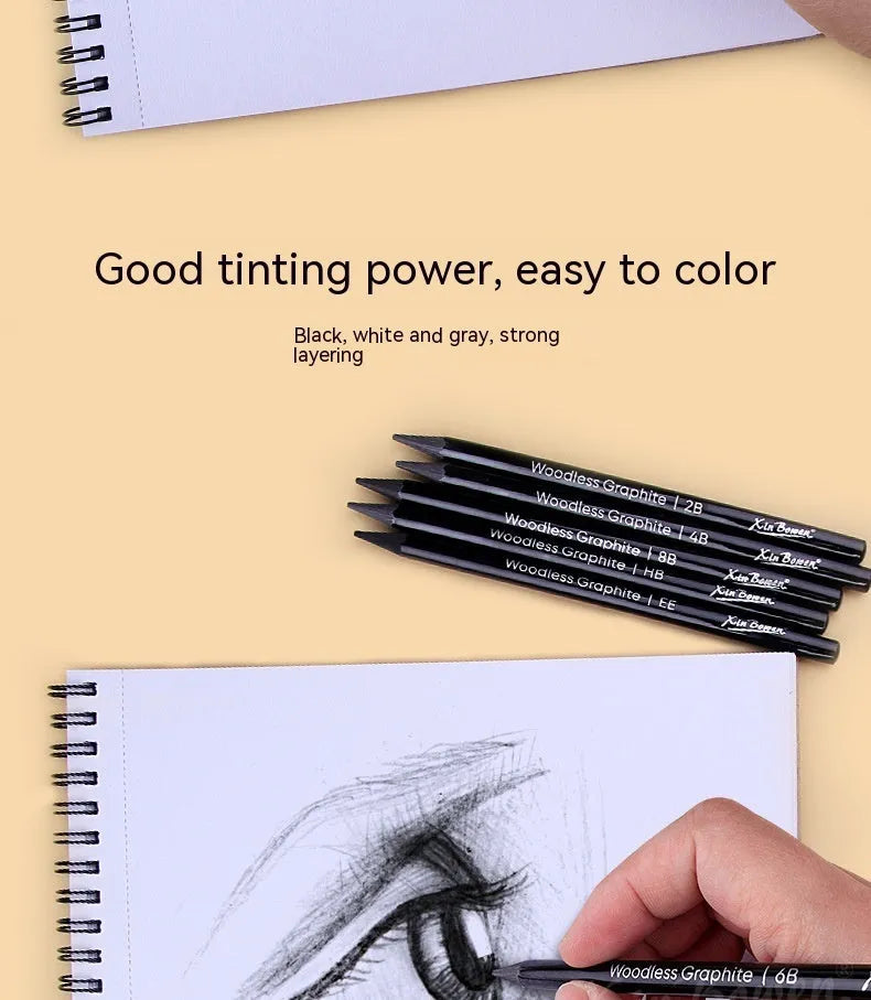 Set of 6 wood-free graphite sketching pencils with graded hardness labels HB 2B 4B 6B 8B EE