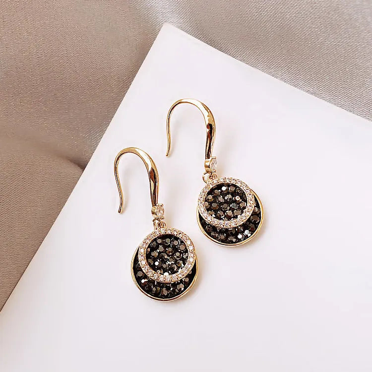 Black geometric alloy earrings with 3.6cm length and round piece design in retro Hong Kong style