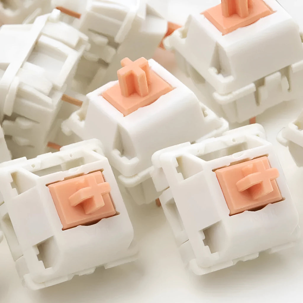 Single clear-housing Panda tactile mechanical keyboard switch isolated on white background.
