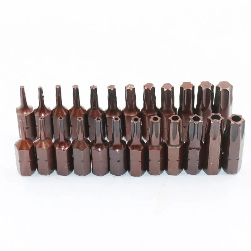 Set of 12 black magnetic screwdriver bits with T6 to T40 sizes and hollow or solid hexagon tips