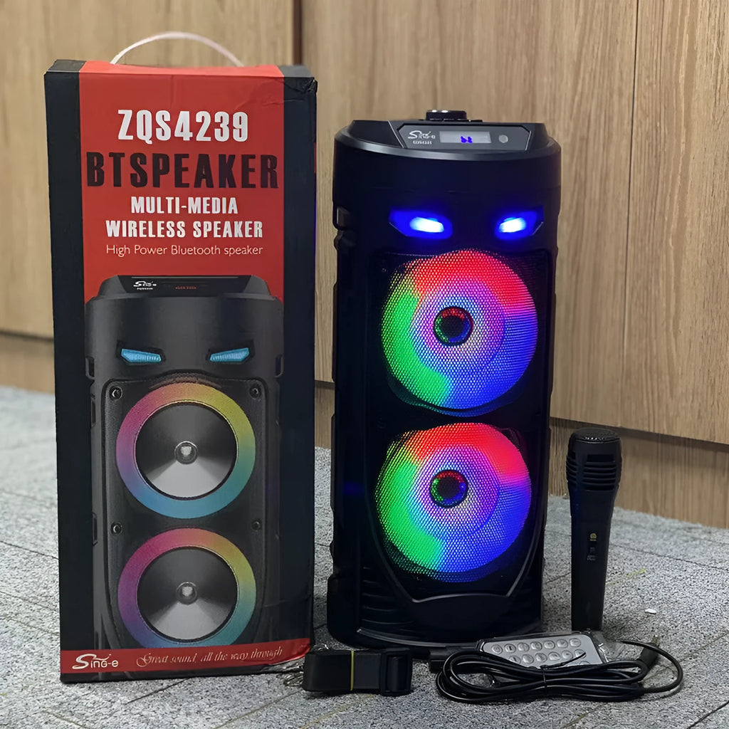 Black portable Bluetooth speaker with dual horn design and wheat-themed accents