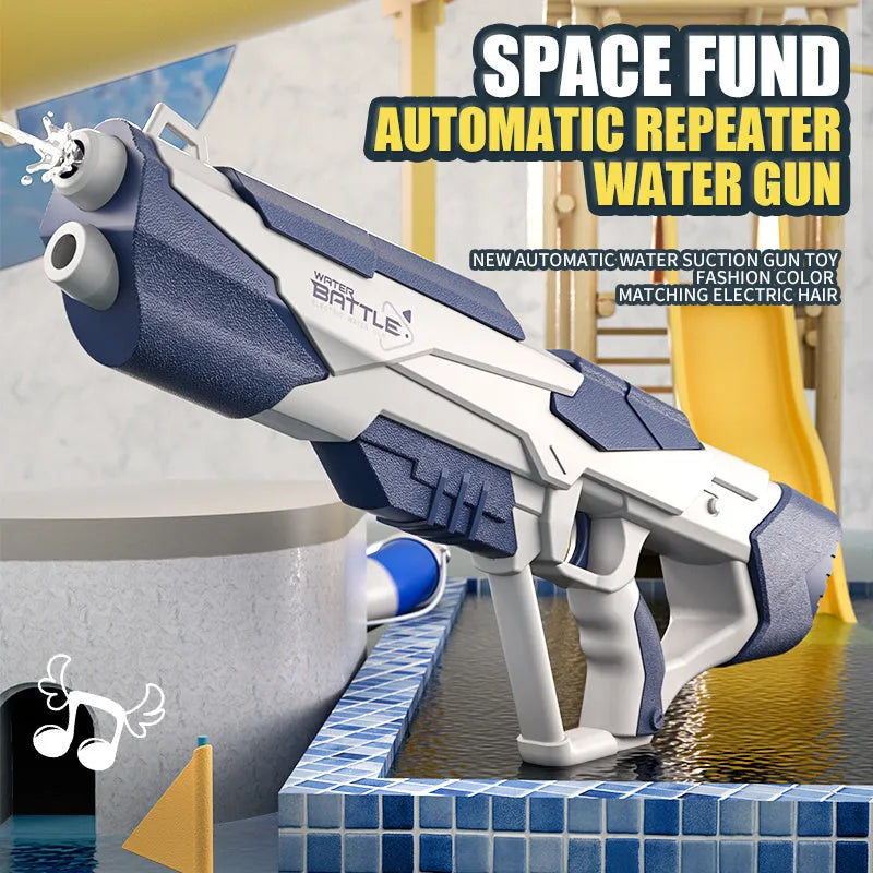 Blue electric water gun with USB charging cable, showing 55cm length and anti-slip handle for outdoor water fights