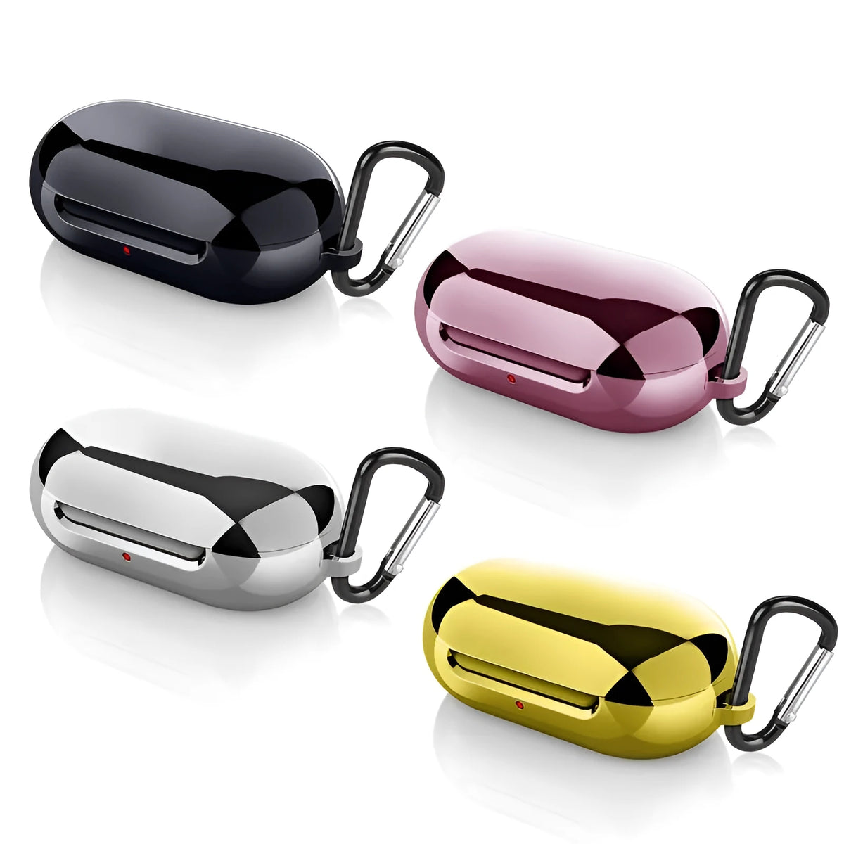 PTU silicone phone case for iPhone and Samsung Galaxy Buds in black, gold, pink, or silver