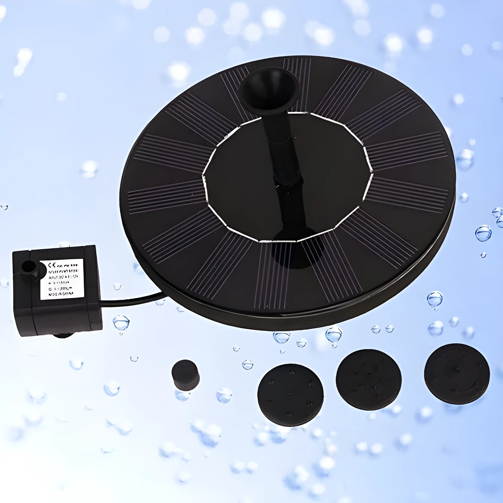 Round 16cm solar panel fountain pump for outdoor bird baths and small garden ponds.