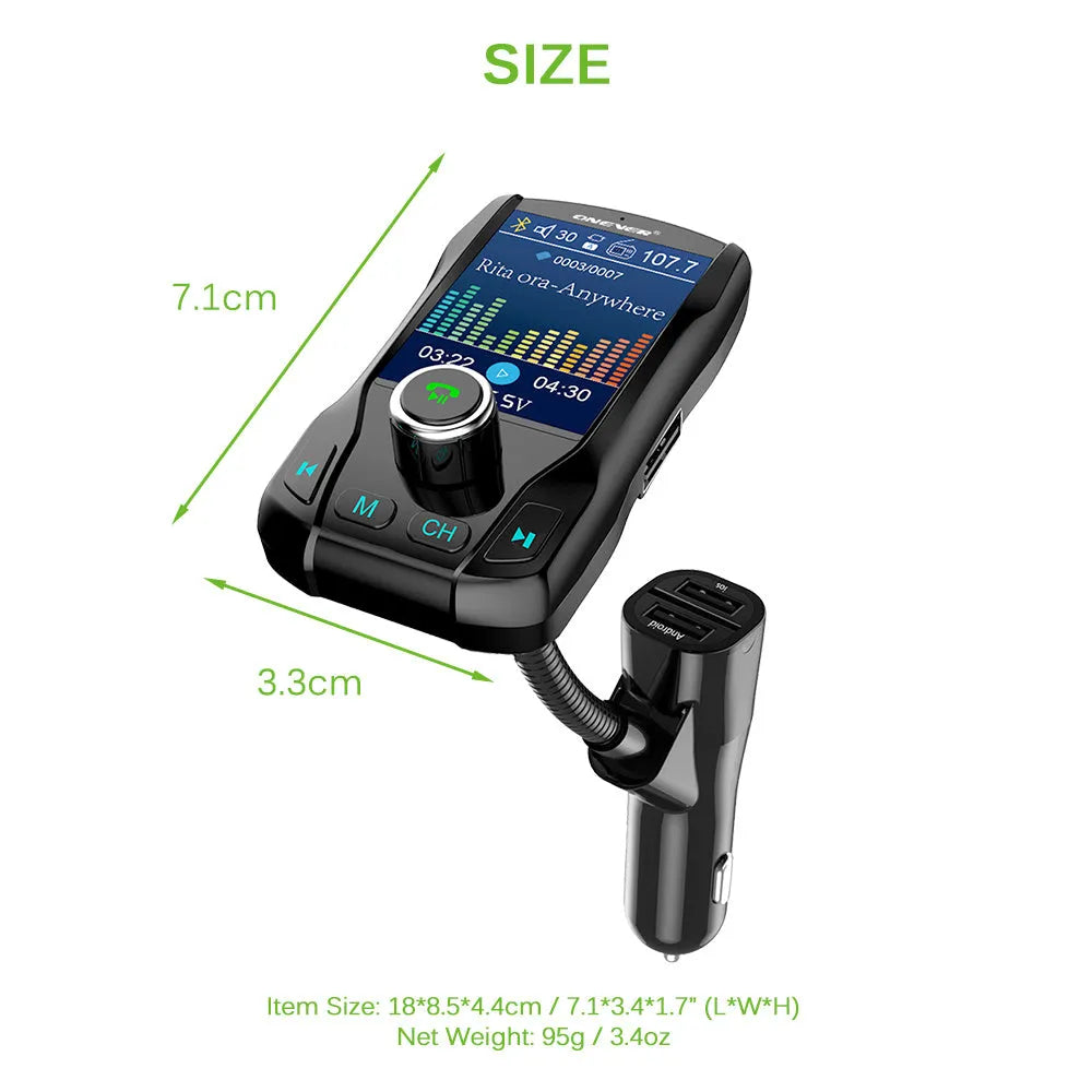 Car Bluetooth FM transmitter with colour screen plugged into car cigarette lighter