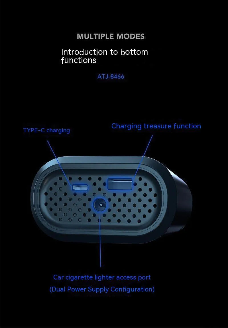 Handheld wireless air pump with digital display showing pressure reading, measuring 49x87x137mm with LED light illuminated