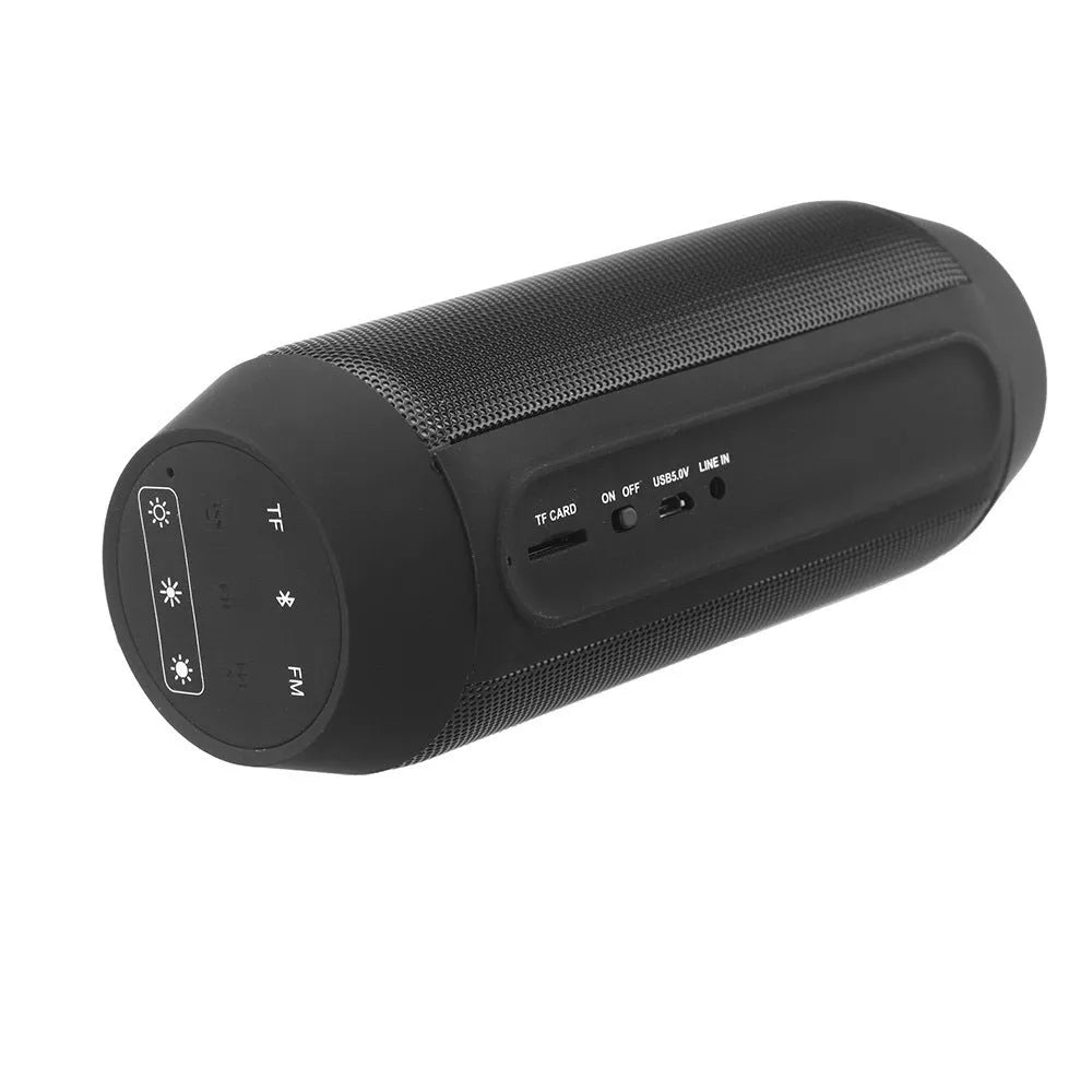 Mini black Bluetooth stereo speaker with colourful LED lights showing 360° sound design