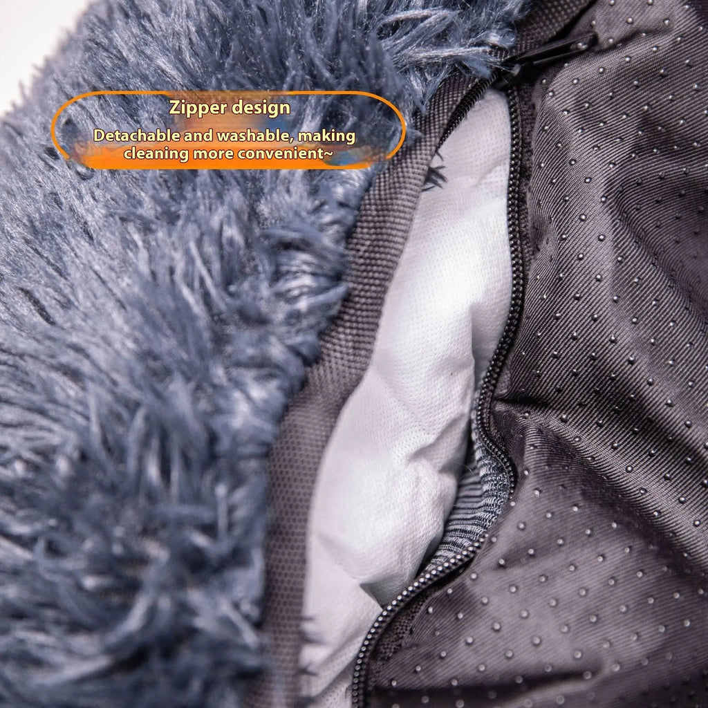Winter thicken thermal vehicle-mounted pet mat in beige colour on a car seat, showing 50cm high padded sides and cloth material.