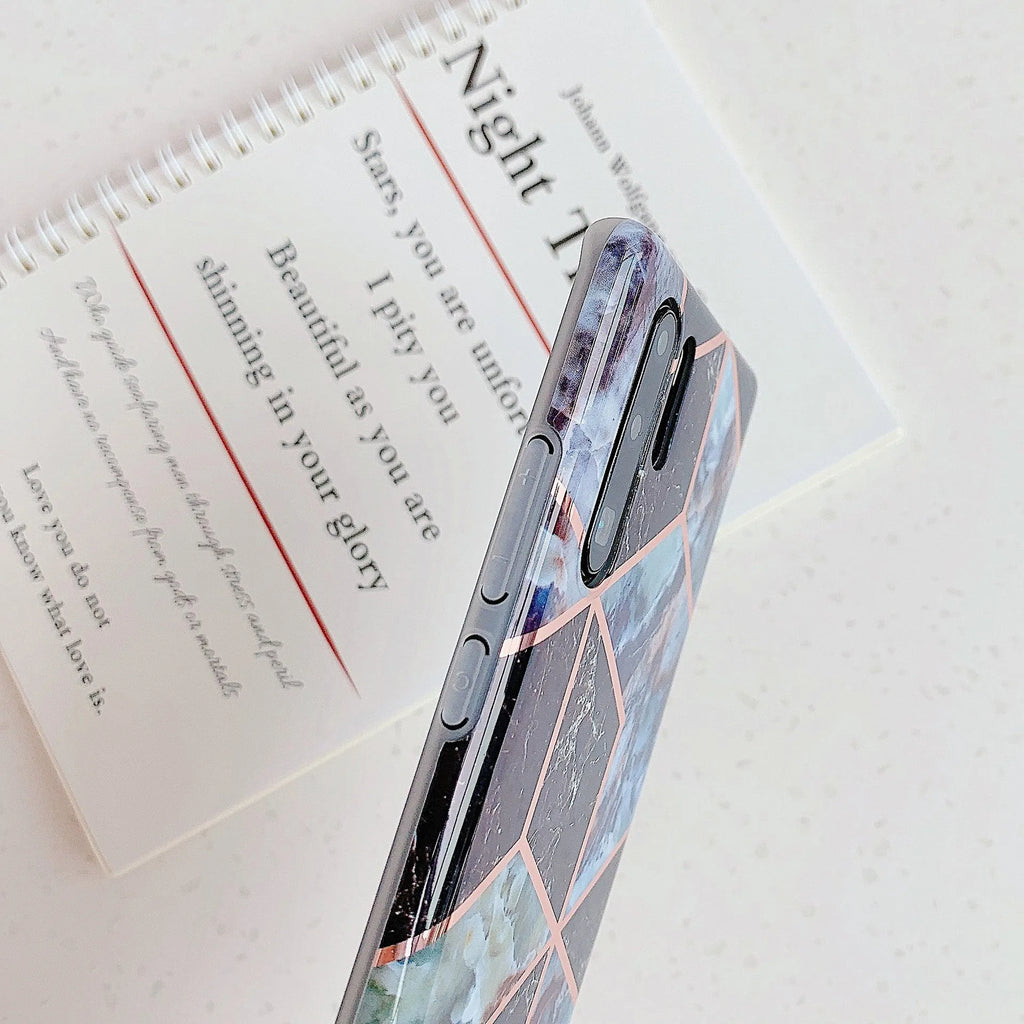 Electroplated marble finish TPU phone case showing back cover design for Huawei and Samsung smartphones