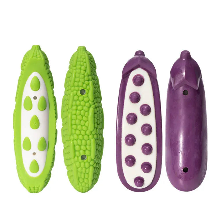 Green and purple meat-scented dog chew toys in large and small sizes
