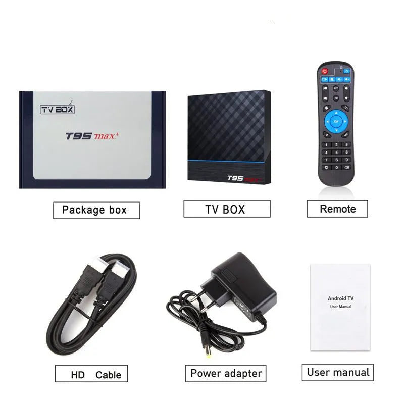 Black T95 Max Plus Android TV box unit with Amlogic S905X3 processor for 4K streaming.