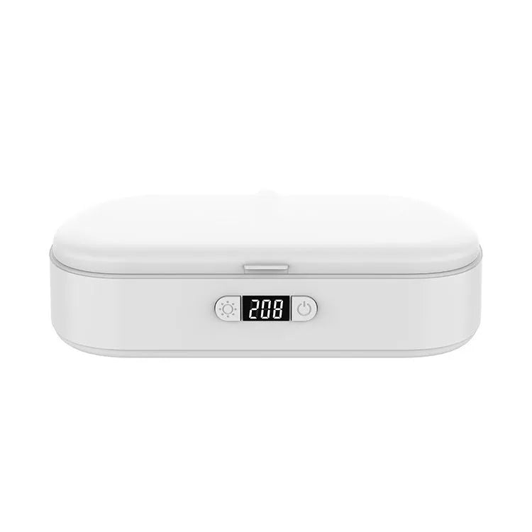 White ABS plastic wireless UV steriliser and charger box for mobile phones and personal items