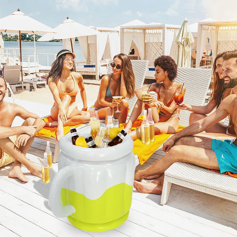 Yellow inflatable PVC ice bucket for beer steins, showing 30cm height and 25cm diameter when inflated