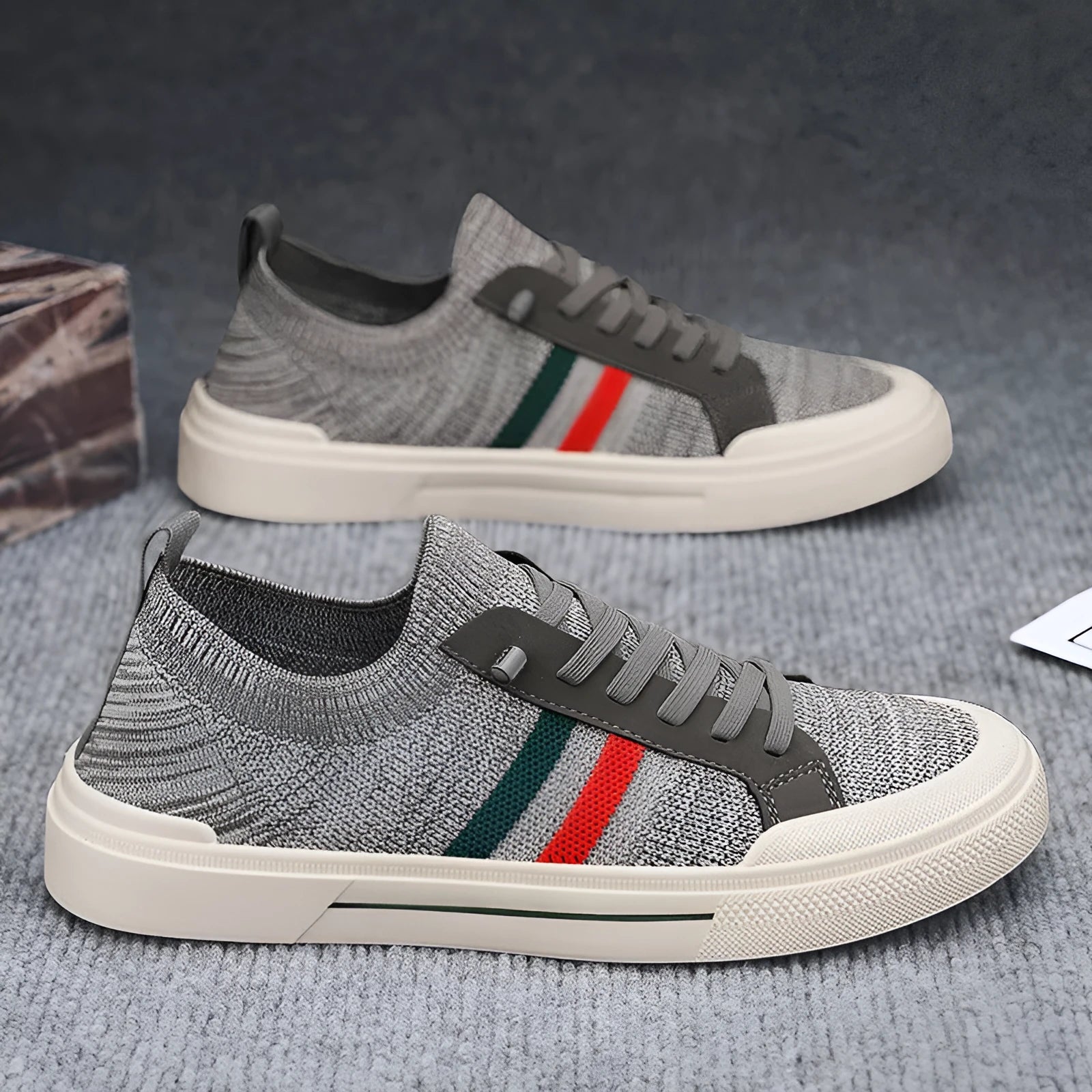 Men's beige casual sneakers with elastic band, mesh lining, and rubber sole shown from side view