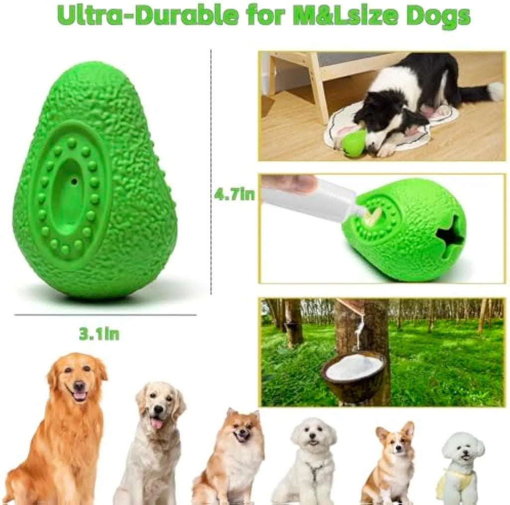 Green avocado-shaped rubber dog chew toy for aggressive chewers, showing uneven surface design