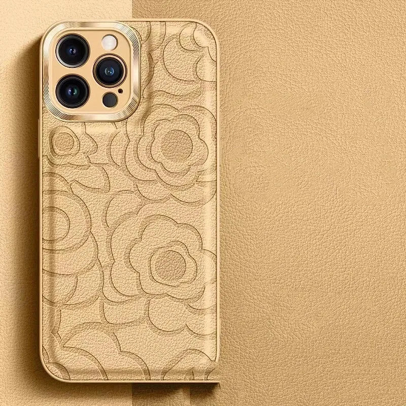 Camellia leather pattern phone case with soft edge and hard back for iPhone 11 to 15 Pro Max
